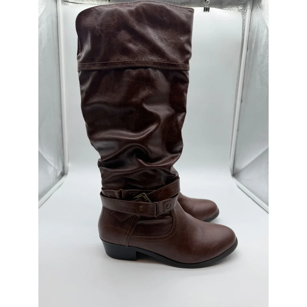 SM New York Brown Slouchy Knee High Boots Women 9M Buckle Strap Low Heel